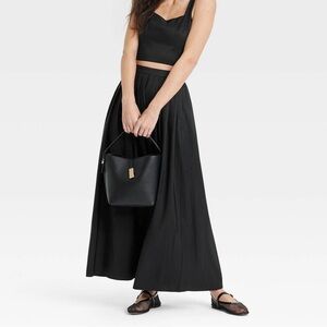 A new day black pleated flowy a-line maxi skirt pockets elastic waist minimal S